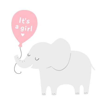 Cartoon elephant with a pink balloon for baby shower invitations or posters.のイラスト素材