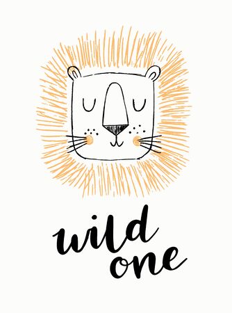 Cute lion and wild one hand lettering on a striped background. Vector illustration for baby kids poster, nursery wall art, card, invitation, birthday, apparel. Scandinavian style.のイラスト素材
