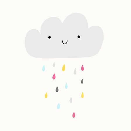 Cute smiling rain cloud with rain drops in shades of blue. Nursery art for boys. Card design for baby shower.のイラスト素材