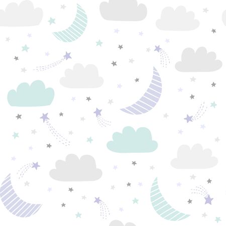 Sky  pattern with hand drawn stars, clouds and moon.のイラスト素材