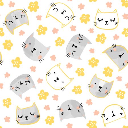 Hand drawn kitten heads with smiling faces.のイラスト素材