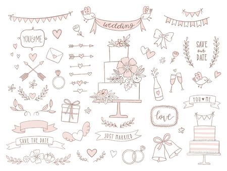 Set of wedding illustrations and icons. Hand drawn vector collection of design elements for for invitations, greeting cards, posters.のイラスト素材