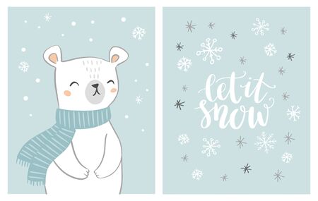 Cute polar bear card set with hand lettering let is snow on snowy background. Christmas design. Bear character with snowflakes. のイラスト素材