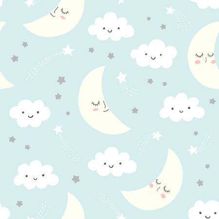 Cute sky pattern. Seamless vector design with smiling, sleeping moon, hearts, stars and clouds. Baby illustration. のイラスト素材