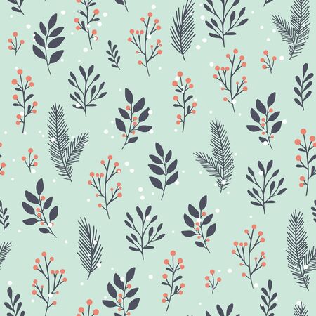 Winter floral pattern. Vector seamless background with winter branches and leaves. Hand drawn floral elements. Vintage botanical illustrations. のイラスト素材
