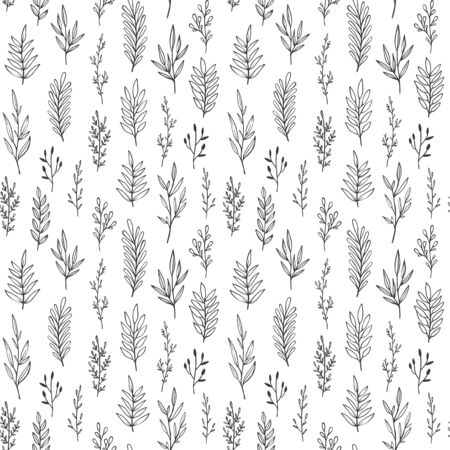 Hand drawn vintage botanical vector pattern. Seamless floral background with leaves, twigs and branches. のイラスト素材