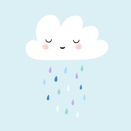 Smiling cute cloud with blue raindrops. Illustration for baby shower card or nursery art. のイラスト素材