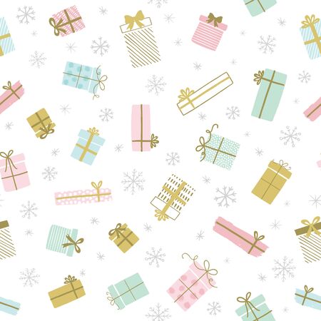 Holiday gift boxes vector pattern in hand drawn doodle style. Seamless background with gift boxes, ribbons. Birthday party. Illustration for greeting cards, invitations, posters. のイラスト素材
