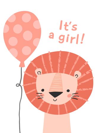 Cute pink lion with a balloon for a girl baby shower invitation, greeting card, birthday party, nursery art poster. Its a girl.のイラスト素材