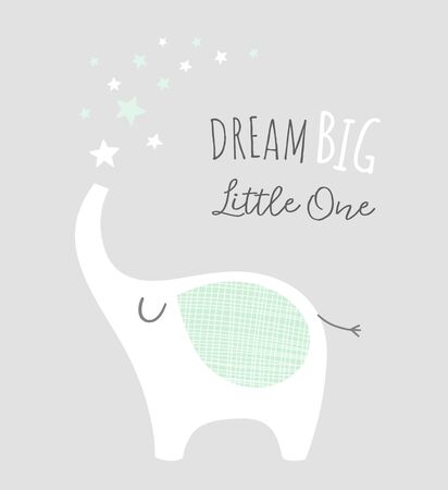 Dream Big Little One with cute elephant and stars. Nursery poster. Printable art for kids. Baby boy illustration in gray and mint.のイラスト素材