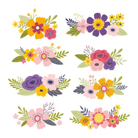 Wedding bouquets collection. Flower arrangments, posies. Romantic hand drawn vector floral set.のイラスト素材