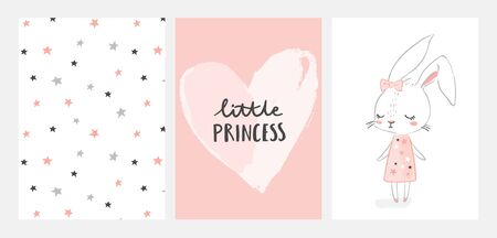 Set of nursery posters with cute girl rabbit character. Little princess. Hand drawn illustration for nursery wall art in scandinavian doodle style. Design for baby, kids poster, card, invitaton.のイラスト素材
