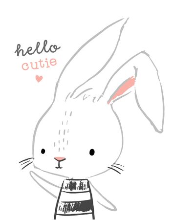 Cute rabbit character. Hand drawn illustration for nursery wall art in scandinavian doodle style. Design for baby, kids poster, nursery wall art, card, invitaton.のイラスト素材