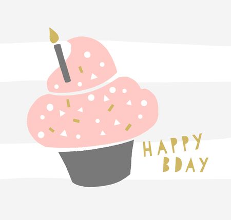 Happy Birthday Cupcake Greeting Card design. Trendy cupcake with a candle and geometric sprinkles....