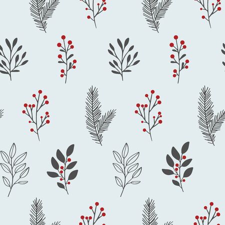 Winter floral pattern. Vector seamless background with winter branches and leaves. Hand drawn floral elements. Vintage botanical illustrations. のイラスト素材