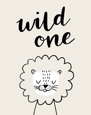 Cute lion and wild one hand lettering on a striped background. Vector illustration for baby kids poster, nursery wall art, card, invitation, birthday, apparel. Scandinavian style.のイラスト素材