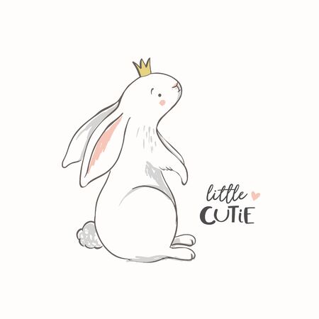 Hand drawn bunny with a crown and little cutie phrase. Rabbit vector illustration. Girl baby shower. Design for baby, kids poster, nursery wall art, card, invitaton. Easter.のイラスト素材