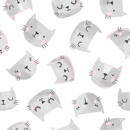 Cat vector pattern with hand drawn painted cat faces. Seamless print illustration for children.のイラスト素材