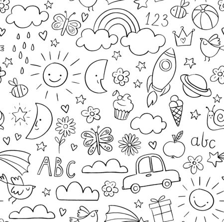 Kids doodle pattern. Childrens pattern in black and white. Baby and children related objects and design elements. Seamless vector background.の素材 [FY310140896723]