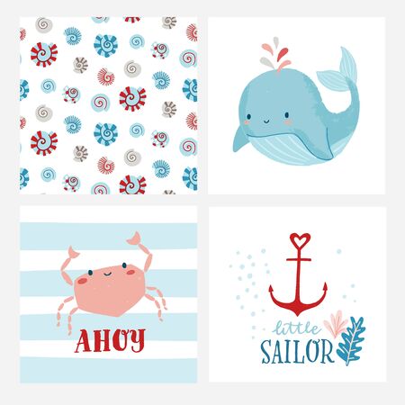 Set of cute cards or posters for nursery, kids room including whale, crab, shell pattern, anchor, phrases ahoy, little sailor. Ocean, marine, nautical themed birthday party, baby shower.のイラスト素材