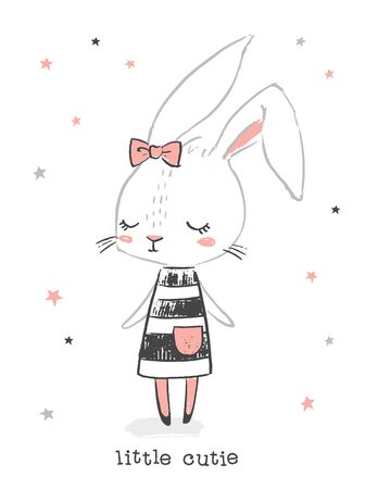 Cute girl rabbit character. Little cutie. Hand drawn illustration for nursery wall art. Girl baby shower. Design for baby, kids poster, nursery wall art, card, invitaton.のイラスト素材