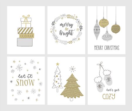 Christmas cards with Christmas tree, gift boxes, snowflakes, winter wreath.のイラスト素材