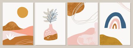 Terracotta Art Print Set. Abstract summer contemporary modern trendy painting. Vector illustration in Burnt orange, dusty pink. Perfect for posters, instagram posts, social media.のイラスト素材