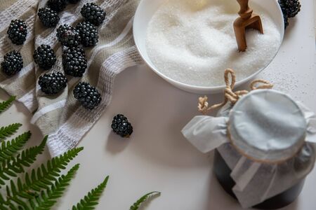 Blackberry Jam close-up. Blackberries and sugar in a bowl.の写真素材