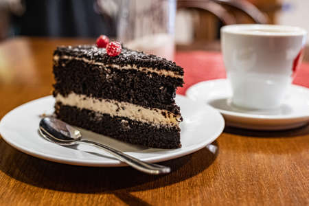Plate with a slice of delicious chocolate cake decorated with berries on the table, close upの写真素材