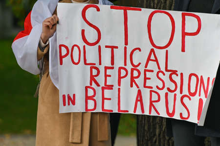 Riga, Latvia - October 17 2020: Free Belarus the rally in Solidarity with Belarus. Demanding the release of political prisoners. Embassy of Belarus in Riga.のeditorial素材