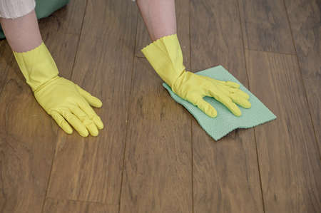 woman's hands wash the floor with a rag with detergents. house cleaning.の写真素材