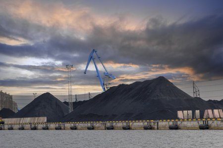 Loading and unloading of coal, railway freight cars, railway Cargo terminal, cranes. Sea cargo port,...