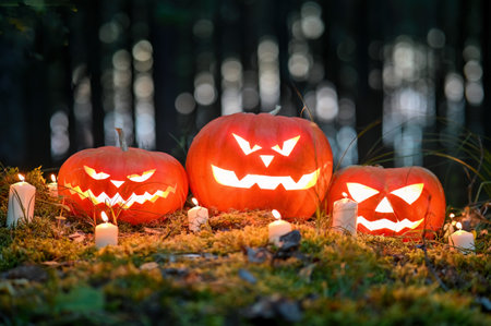 Three Halloween pumpkin head jack o lantern with burning candles in a scary deep night forest. Halloween holiday design concept.の写真素材