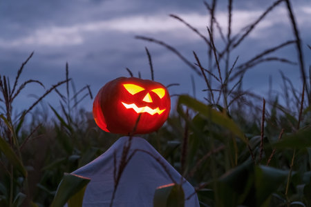 A scarecrow with a glowing pumpkin head in a night corn field. Creepy Halloween concept.の写真素材