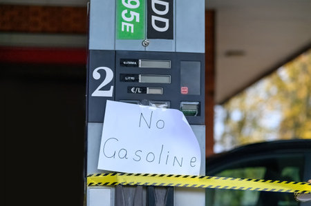 Petrol pumps have sign No Gasoline due to fuel shortage crisis.の写真素材
