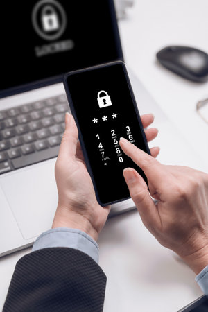 business woman enter pin code on phone. information security concept.