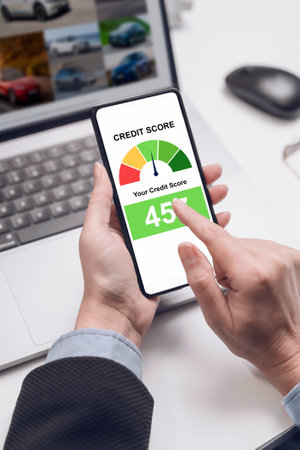 A woman holding a smartphone shows a credit score app on the screen. bank credit report.