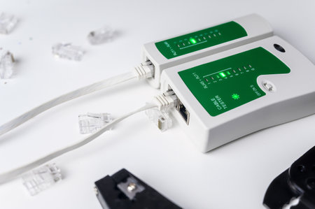 cable test tool. Ethernet UTP Cat 5 twisted pair test procedure UTP cable, RJ45 LAN cable crimp.の写真素材