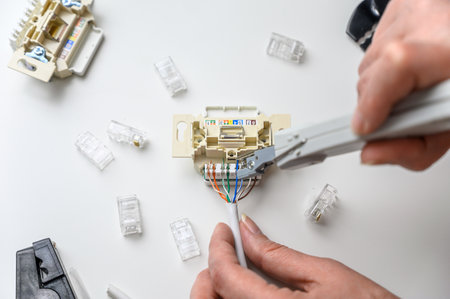 Mounting the RJ45 module, attaching the wire to the computer socket in the room.の写真素材