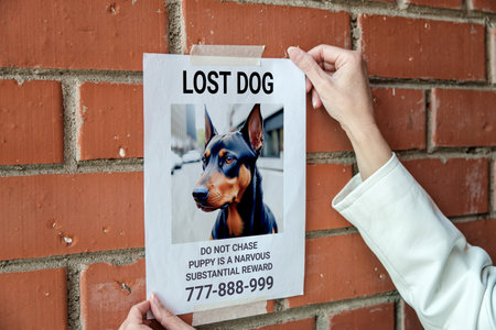 Women's hands sticking an notice about the loss of a dog on a brick wall.の写真素材