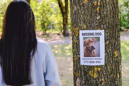 A woman looks at a missing dog notice hanging from a tree. pet love concept.の写真素材