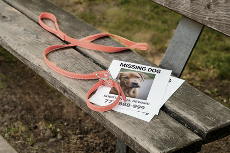 An orange collar with a leash and a flyer about a lost dog lie on a park bench. Lost dog. the concept of love for pets.の写真素材