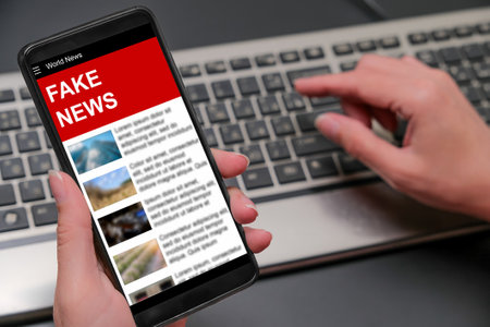 media technology and modern lifestyle concept. woman with smartphone reads fake news.の写真素材
