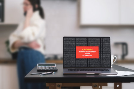 a laptop computer standing on a table with a system hacking message on the screen.の写真素材
