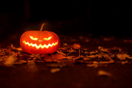 Jack's o lantern in the fallen leaves. Halloween pumpkin in the old cemetery.の写真素材