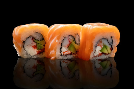 three pieces of sushi on a reflective black surface. Asian cuisine.の写真素材