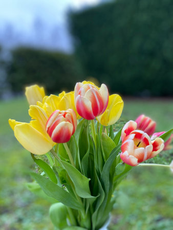 Garden with multicolored Buttercup, Tulips, in stone groundの写真素材
