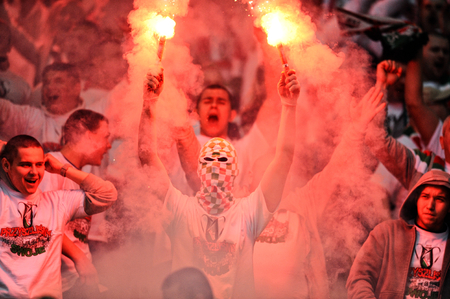 WARSAW, POLAND - MAY 02, 2015: Polish Football League Cup Final Legia Warsaw - Lech Poznanop: Legia fans supportersのeditorial素材