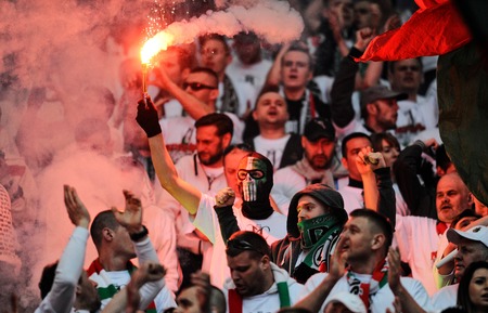 WARSAW, POLAND - MAY 02, 2015: Polish Football League Cup Final Legia Warsaw - Lech Poznanop: Legia fans supportersのeditorial素材