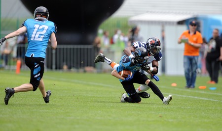 WARSAW, POLAND - MAY 24, 2015: American Football Polish Top League match Warsaw Eagles and Wroclaw...